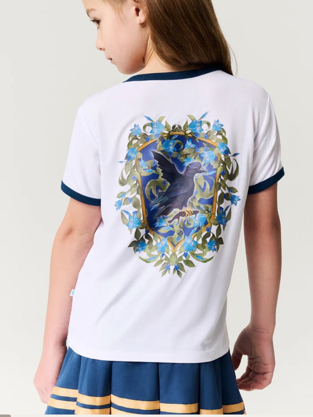 Posh Peanut White Varsity Tee with Navy Trim and Floral Heart Back Graphic